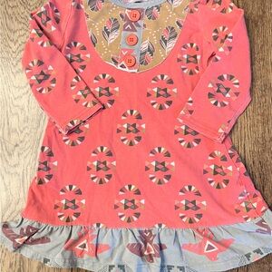 Jelly The Pug Pink, Gray and Brown Dress. Aztec design w feathers  EUC